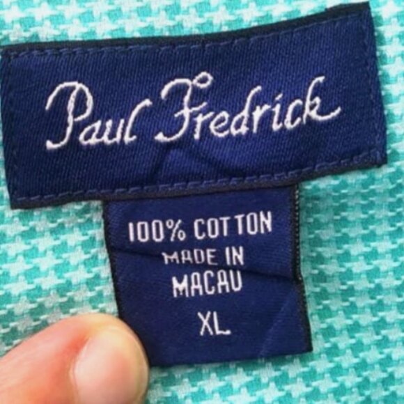 PAUL FREDRICK MEN'S XL GREEN HOUNDSTOOTH COTTON BUTTON-DOWN LONG SLEEVE SHIRT - Picture 6 of 7